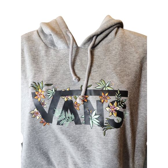VANS Hoodie Womens Medium Floral Embroidered Raw Hem Cut Off Pullover Sweatshirt - Picture 3 of 16